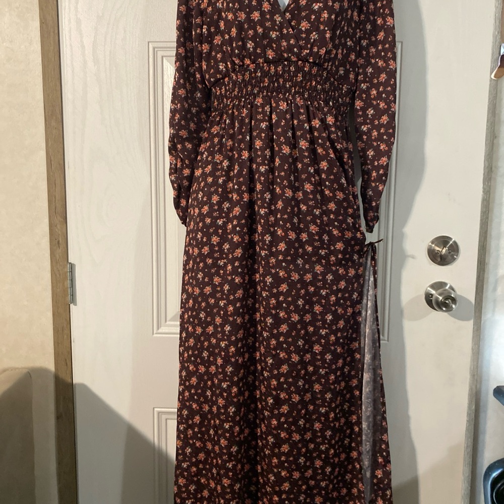 NSR Nordstrom Rack Silk Floral Dress A-Line Split Swing Ruched Sleeve Brown S